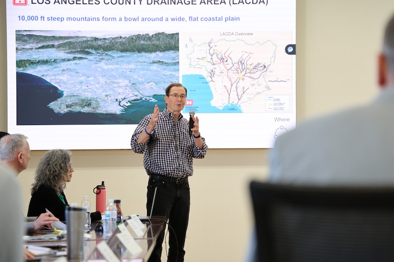 Jon Sweeten, engineer with the U.S. Army Corps of Engineers Los Angeles District Reservoir Operations Center provides a project overview during a briefing to House Subcommittee on Water Resources and the Environment.