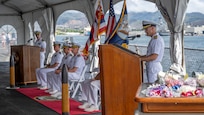 PEARL HARBOR (Nov. 21, 2023) — Capt. Neil Steinhagen, Assistant Deputy Director for Asia, Joint Staff J-5, speaks during the change of command ceremony for the Virginia-class fast-attack submarine USS Hawaii (SSN 776), which was held on the fantail of the Battleship Missouri Memorial, Nov. 21, 2023, in Pearl Harbor. Hawaii performs a full spectrum of operations, including anti-submarine and anti-surface warfare. (U.S. Navy photo by Mass Communication Specialist 1st Class Scott Barnes)
