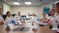 JOINT BASE PEARL HARBOR-HICKAM (April 11, 2024) —  Commander, Submarine Force U.S. Pacific Fleet, Rear Adm. Rick Seif, center, gives closing remarks during the Undersea Warfare Commanders’ Conference (USWCC) on Joint Base Pearl Harbor-Hickam, April 11, 2024. First held in 2018, this year’s theme was “Leveraging technology to integrate partners and improve communications, lethality and interchangeability.” (U.S. Navy photo by Mass Communication Specialist 1st Class Scott Barnes
