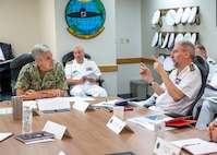 JOINT BASE PEARL HARBOR-HICKAM (April 10, 2024) —  Commander, U.S. Pacific Fleet, Adm. Stephen Koehler, left, speaks with French Navy Vice Adm. Jacques Fayard, Commander, French Submarine and Strategic Forces during the Undersea Warfare Commanders’ Conference (USWCC) on Joint Base Pearl Harbor-Hickam, April 10, 2024. First held in 2018, this year’s theme was “Leveraging technology to integrate partners and improve communications, lethality and interchangeability.” (U.S. Navy photo by Mass Communication Specialist 1st Class Scott Barnes)
