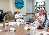 JOINT BASE PEARL HARBOR-HICKAM (April 10, 2024) —  Commander, U.S. Pacific Fleet, Adm. Stephen Koehler, left, speaks with French Navy Vice Adm. Jacques Fayard, Commander, French Submarine and Strategic Forces during the Undersea Warfare Commanders’ Conference (USWCC) on Joint Base Pearl Harbor-Hickam, April 10, 2024. First held in 2018, this year’s theme was “Leveraging technology to integrate partners and improve communications, lethality and interchangeability.” (U.S. Navy photo by Mass Communication Specialist 1st Class Scott Barnes)