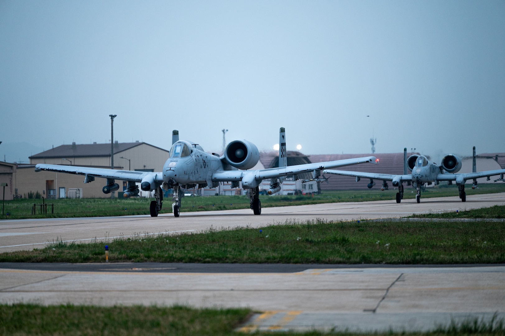 U.S. Air Force A-10C Thunderbolt IIs assigned to the 25th Fighter Squadron, taxi during the Korea Flying Training 2024 event at Kunsan Air Base, Republic of Korea, April 26, 2024. KFT 24 focused on the tactical execution of combat missions to maintain military readiness and reinforced the 51st Fighter Wing’s capabilities to operate from locations with varying levels of resources and support. (U.S. Air Force photo by Staff Sgt. Jovan Banks)