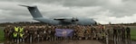 U.S. Airmen and French soldiers gather in front of an Airbus A400M Atlas following Exercise RAZORBACK in Grostenquin, France, April 1, 2024. The multiphase airbase recovery training showcased two of the Air Force’s newest Airfield Damage repair capabilities, Expeditionary ADR and Fiber Reinforced Polymer matting, to restore aircraft operations quickly and efficiently. Acting as the integration arm between the research labs and the field, the Air Force Civil Engineer Center’s expeditionary modernization team was responsible for developing tactics, techniques and procedures for the exercise. (U.S. Department of Defense photo by Staff Sgt. Matthew Kakaris)