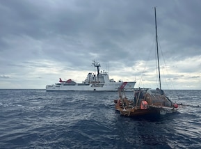 The USCGC Active (WMEC 618) crew rescue a solo sailor stranded on a disabled vessel in the Eastern Pacific Ocean near the Galapagos Islands, Apr. 13, 2024. Active’s crew diverted over 200 nautical miles at high speed to conduct the search and rescue operation for the sailor whose sailboat was disabled and adrift at sea after a pod of whales damaged the boat. U.S. Coast Guard photo by U.S. Navy Midshipman Caden Dale.