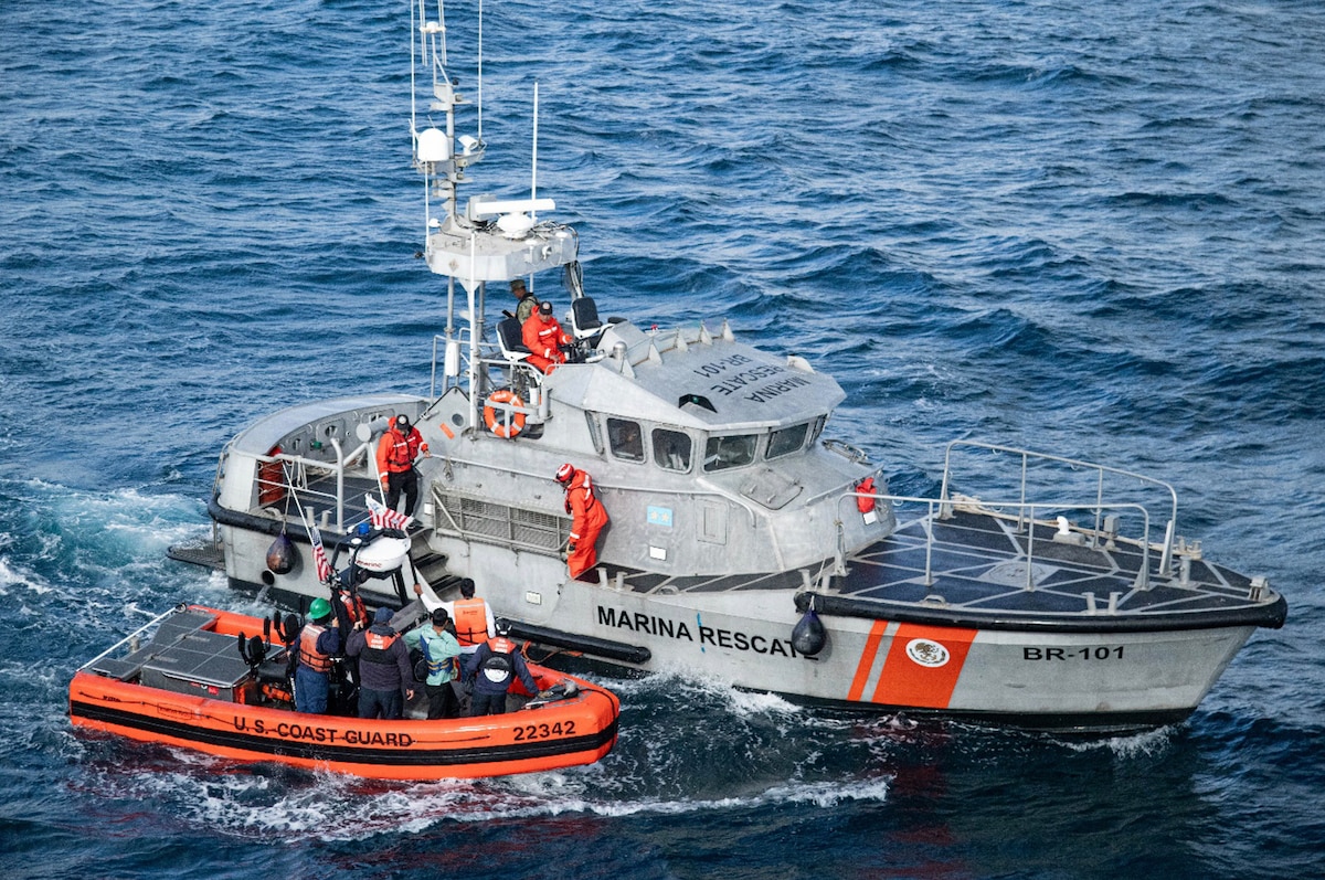 Crews from the USCGC Active (WMEC 618) and Mexican SEMAR conduct a personnel transfer while Active patrols the Eastern Pacific Ocean, Apr. 24, 2024. Active regularly patrols the waters off southern Mexico and Central America, working with partner nations to combat transnational organized crime in the Western Hemisphere, specifically the smuggling of narcotics. U.S. Coast Guard photo by Petty Officer 3rd Class Brenton Kludt.