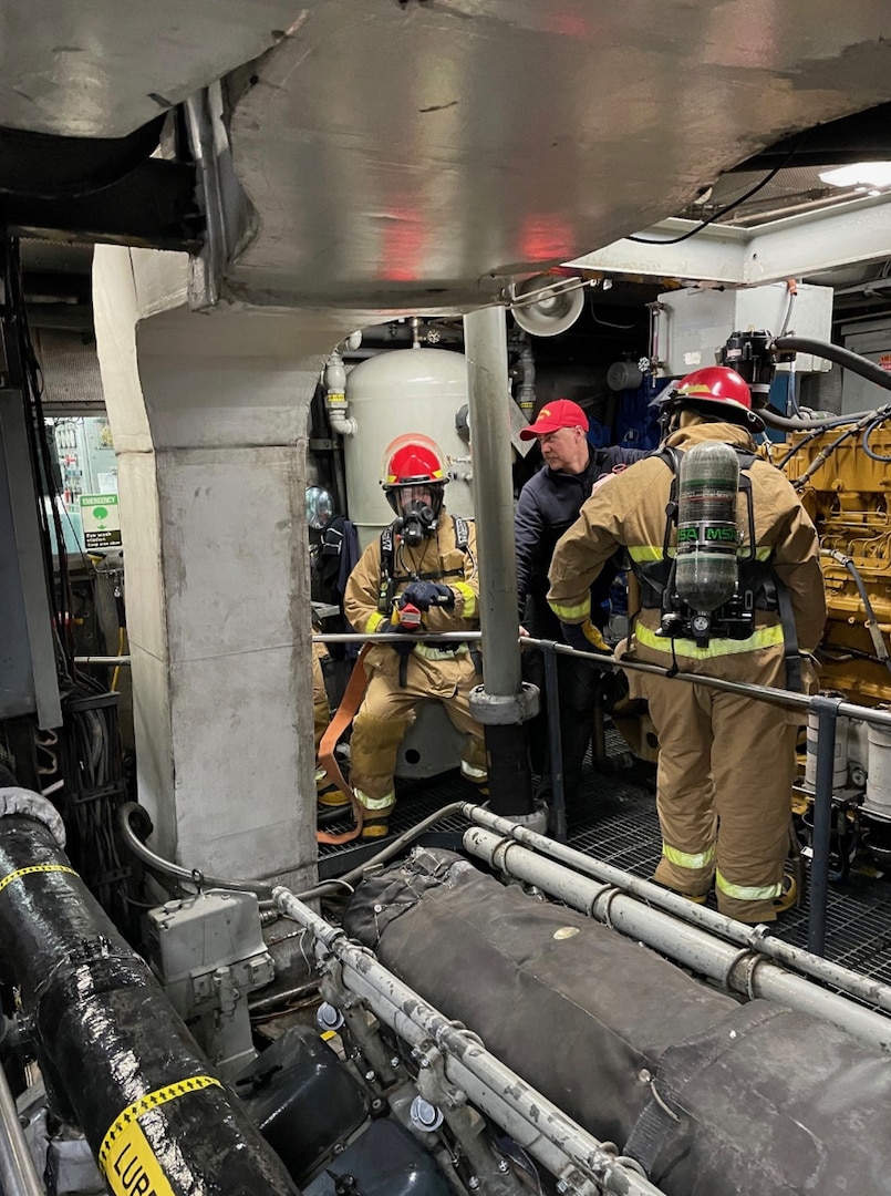 USCGC Active (WMEC 618) crewmembers conduct damage control drills while underway off the coast of Washington as the crew prepares for their patrol, Mar. 15, 2024. Active, a 57-year-old medium endurance cutter, is homeported in Port Angeles and falls under the operational command of the Coast Guard Pacific Area Commander, playing a critical role in conducting search and rescue, counter-narcotics law enforcement, living marine resource protection, and homeland defense operations from the northernmost part of the contiguous United States to the equator. U.S. Coast Guard photo by Cmdr. Adam Disque.