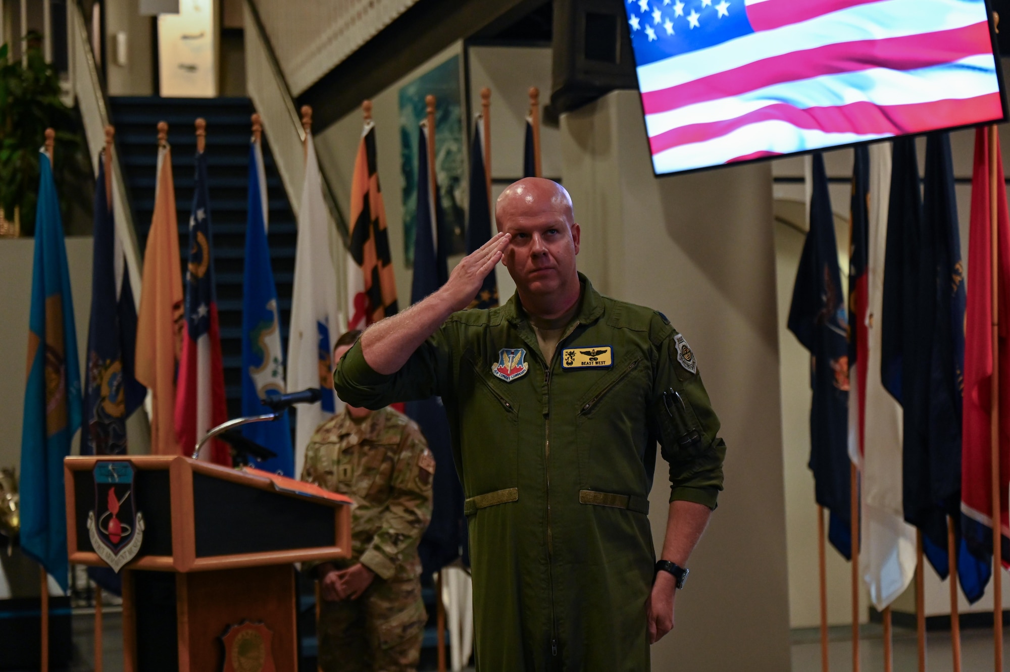 U.S. Air Force Lt. Col. Timothy West, 388th Electronic Warfare Squadron commander, gives the first salute to members of the 388th EWS during his assumption of command and a squadron reactivation ceremony at the U.S. Air Force Armament Museum, Eglin Air Force Base, Florida, May 2, 2024. The 388th EWS will serve to provide the 350th Spectrum Warfare Wing with education and training, weapons and tactics, intelligence support and test management. (U.S. Air Force photo by Capt. Benjamin Aronson)