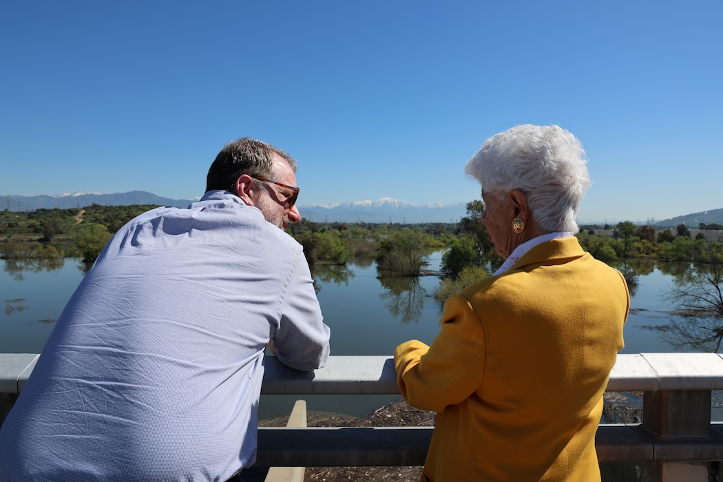 Congressional reps visit Whittier Narrows Dam Ryan Hambelton, staff director of the Water Resources and Environmental Subcommittee, left, speaks with U.S. Rep. Grace Napolitano, 32nd Congressional District of California and ranking member of the Water Resources and Environment Subcommittee, right, during a tour of the Whittier Narrows Dam April 2 in Montebello, California.