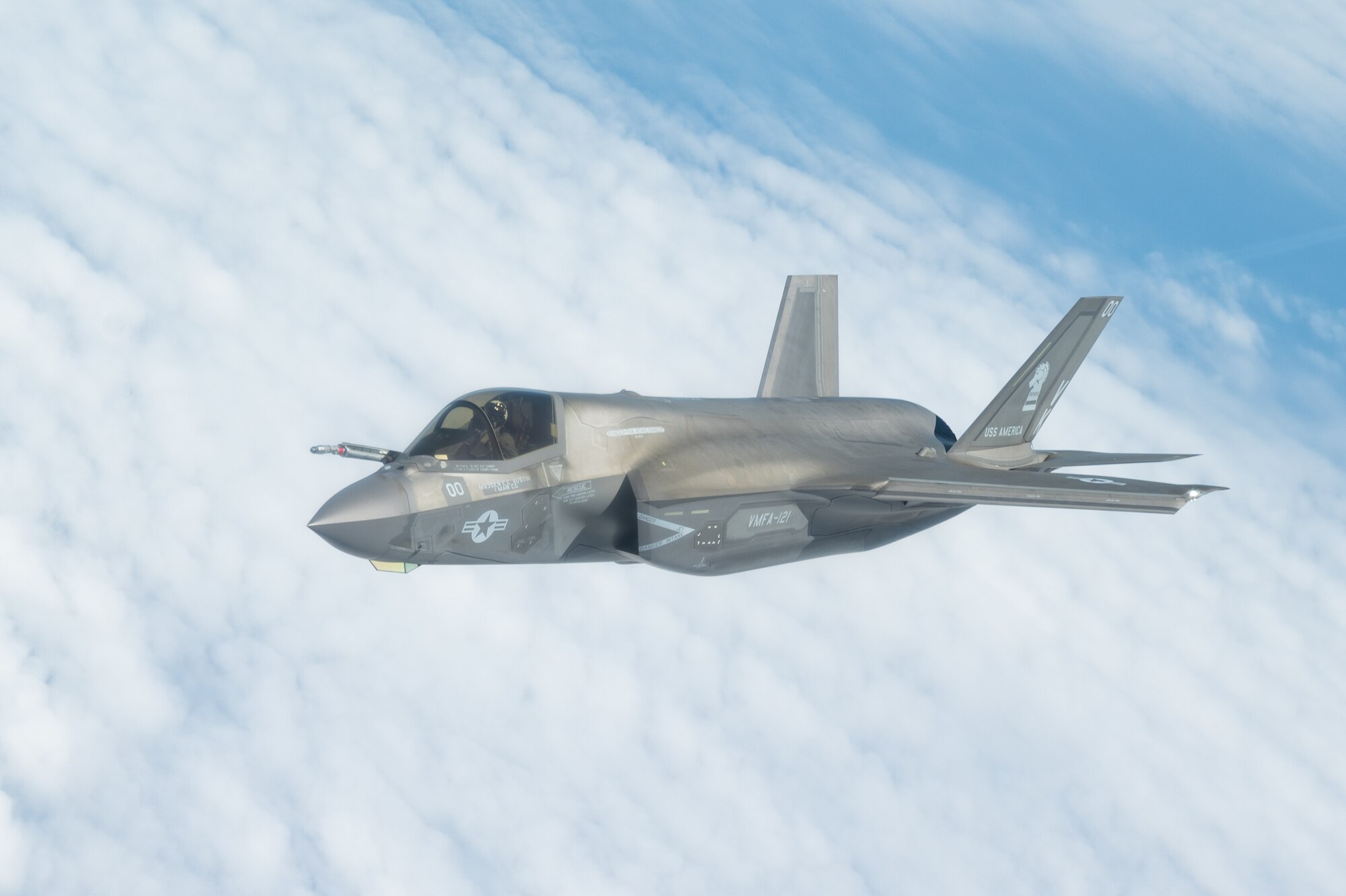 A U.S. Marine Corps F-35B Lightning II assigned to Marine Fighter Attack Squadron 121, Marine Corps Air Station Iwakuni, Japan, flies to the wing of a KC-135 Stratotanker assigned to the 909th Air Refueling Squadron, Kadena Air Base, Japan, after conducting aerial refueling during Korea Flying Training 24 over the Republic of Korea, April 25, 2024.