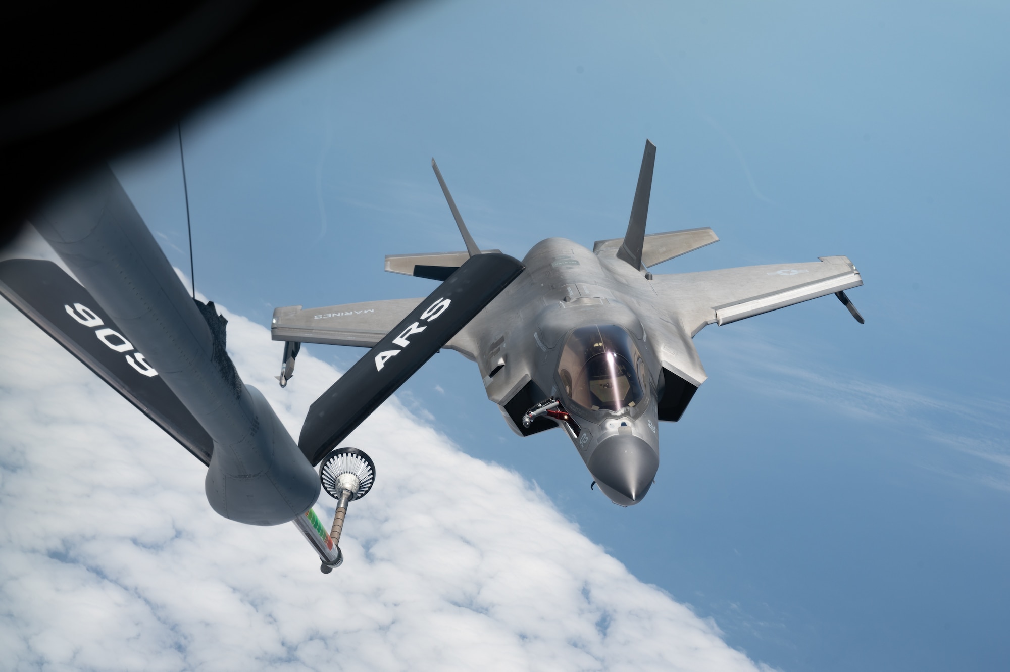 A U.S. Marine Corps F-35B Lightning II assigned to Marine Fighter Attack Squadron 121, Marine Corps Air Station Iwakuni, Japan, flies to the rear of a KC-135 Stratotanker assigned to the 909th Air Refueling Squadron, Kadena Air Base, Japan, to conduct aerial refueling during Korea Flying Training 24 over the Republic of Korea, April 25, 2024.