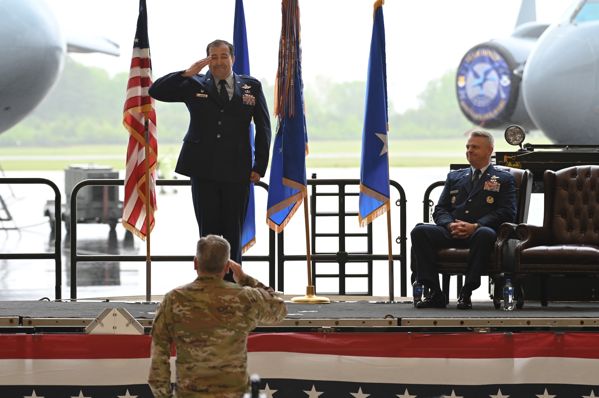 Col. Brian Quinn, 512th Airlift Wing deputy commander, renders the first salute to Col. Eric J. Rivero, the new 512th AW commander at an assumption of command ceremony on Dover Air Force Base, Delaware, May 4, 2024.