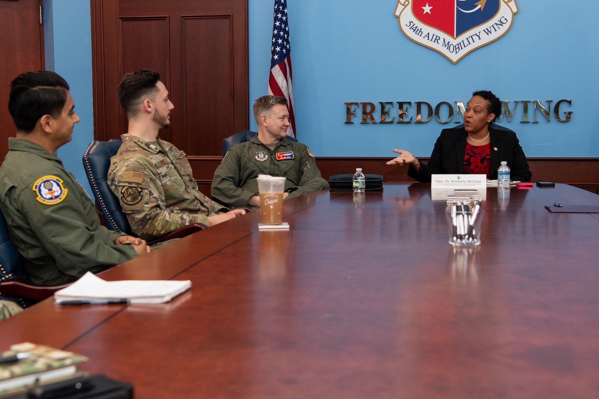 The Honorable Dr. Kimberly A. McClain, Assistant Secretary for Congressional and Intergovernmental Relations within the U.S. Department of Housing and Urban Development, speaks with Airmen of the 514th Air Mobility Wing, at Joint Base McGuire-Dix-Lakehurst, N.J., April 6, 2024.