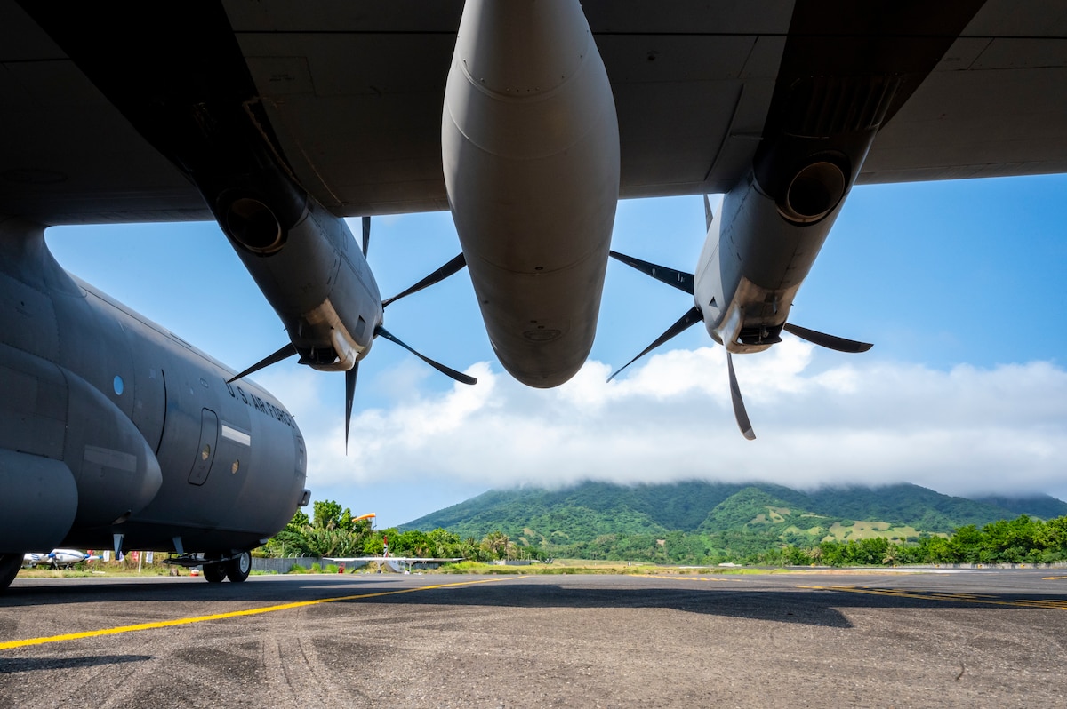 A C-130J Hercules assigned to the 40th Airlift Squadron waits on the flight line to takeoff during Exercise Balikatan 24.