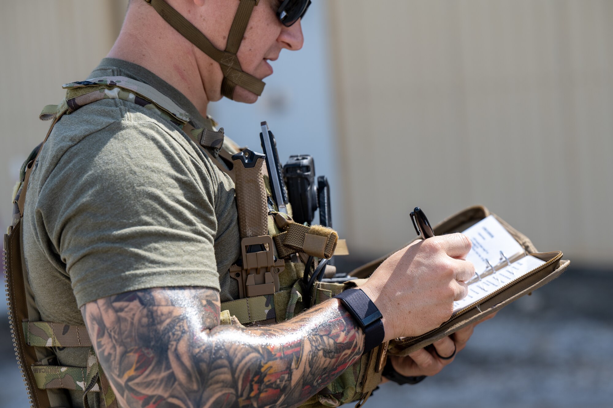 A U.S. Air Force Explosive Ordnance Disposal technician assigned to the U.S. Central Command area of responsibility participates in an EOD training exercise at an undisclosed location, April 26, 2024. EOD technicians employ special tools and vehicles to safely locate, identify, recover, disarm, and dispose of dangerous weapons that threaten people, property, and natural environments. (U.S. Air Force photo)