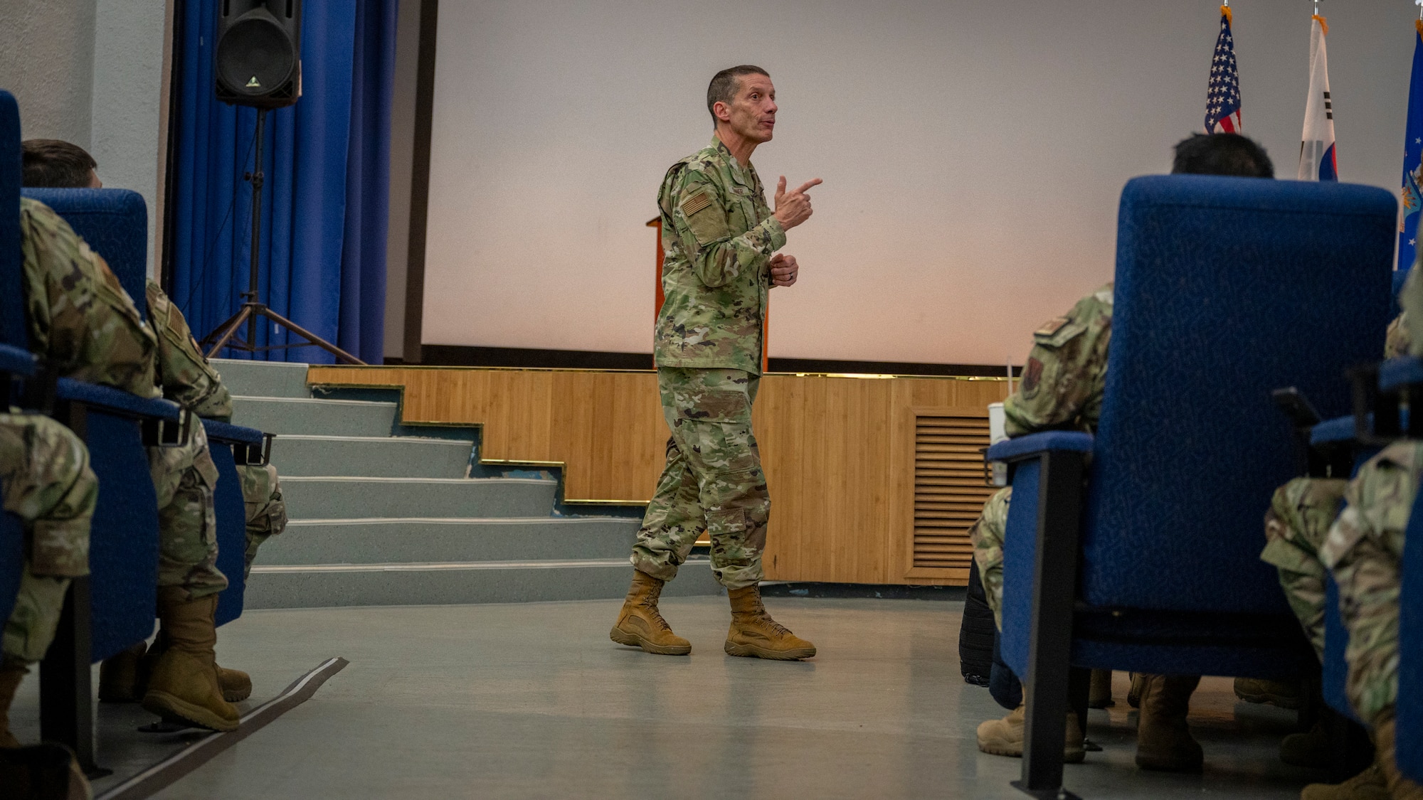 U.S. Air Force Lt. Gen. Robert J. Skinner, Defense Information Systems Agency director, speaks during the 51st Communications Squadron all-call at Osan Air Base, Republic of Korea, April 26, 2024. Skinner addressed the importance of professional and personal development in preparing and executing the mission. (U.S. Air Force photo by Senior Airman Sabrina Fuller-Judd)