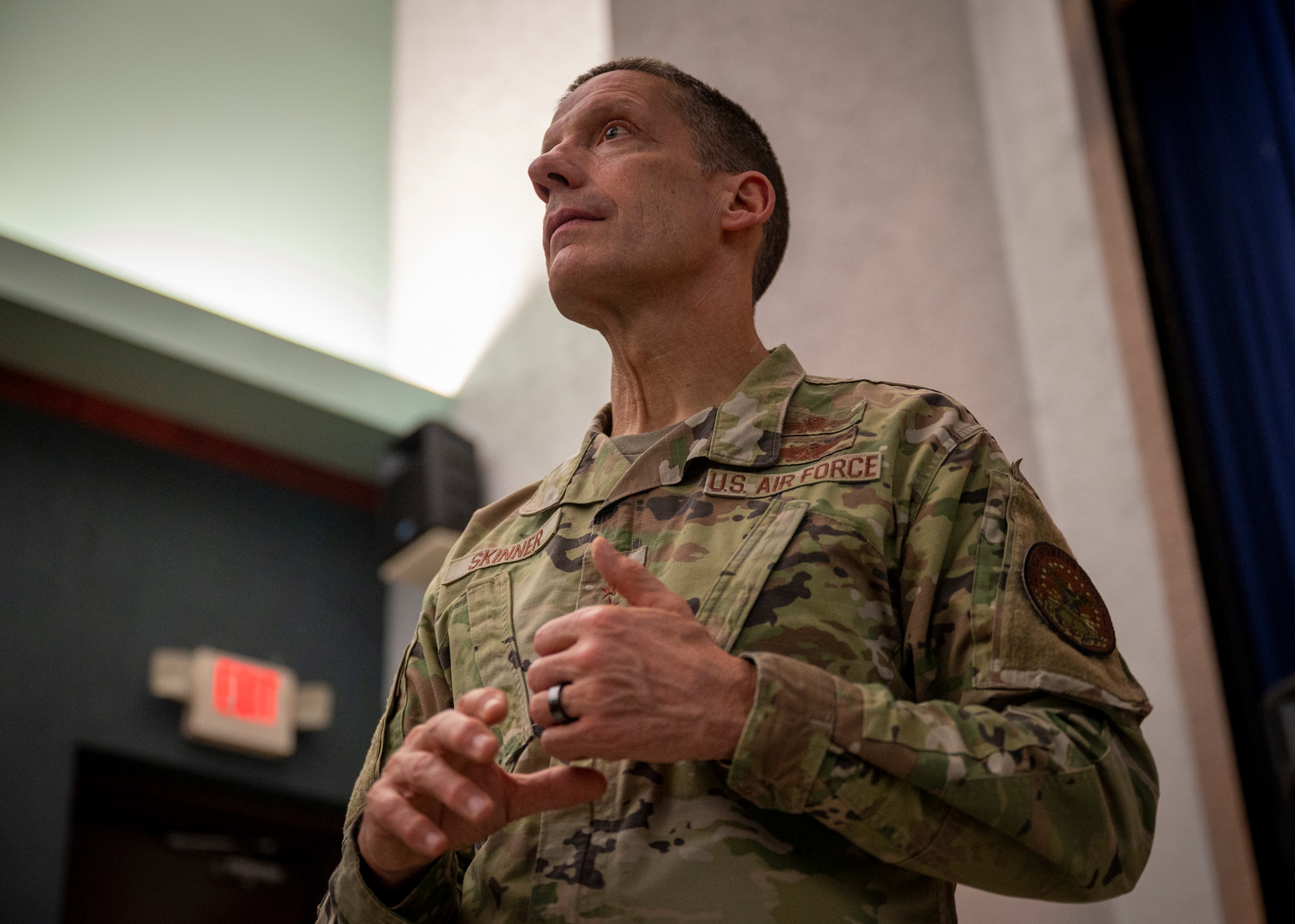 U.S. Air Force Lt. Gen. Robert J. Skinner, Defense Information Systems Agency director, speaks during the 51st Communications Squadron all-call at Osan Air Base, Republic of Korea, April 26, 2024. Skinner recognized 14 Airmen with a coin for their contributions to the “Fight Tonight” mission. (U.S. Air Force photo by Senior Airman Sabrina Fuller-Judd)