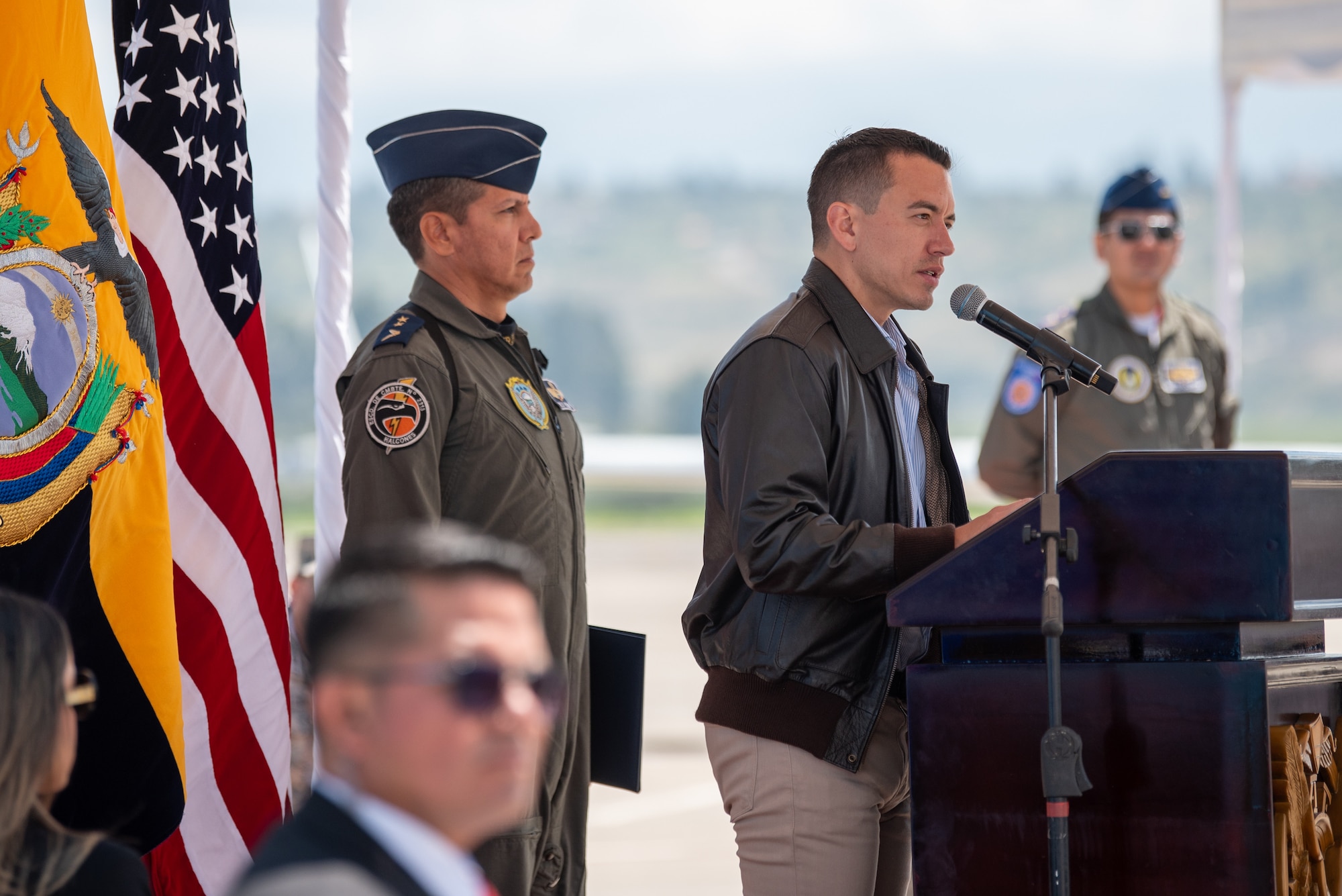 Ecuador President Daniel Noboa speaks during a ceremony welcoming the arrival of a C-130H Hercules to the Ecuadorian Air Force in Latacunga, Ecuador, March 25, 2024. The ceremony marked a new milestone in Ecuador’s participation in the National Guard Bureau State Partnership Program, which has paired Ecuador and the Kentucky National Guard for mutual military cooperation. (U.S. Air National Guard photo by Phil Speck)