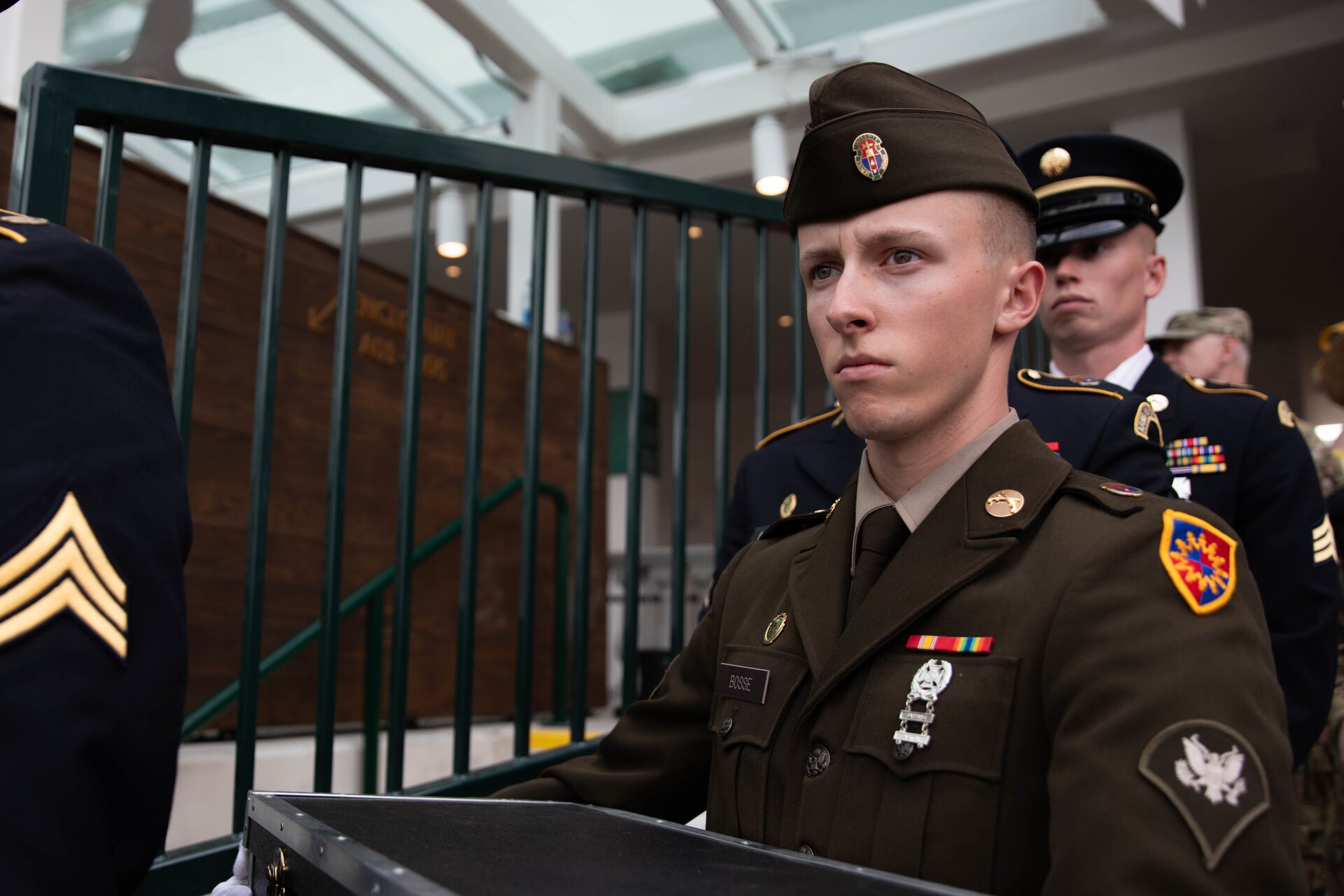 Soldiers of the 940th Military Police Company, 149th Maneuver Enhancement Brigade guard the winner’s trophy at the 150th Kentucky Derby at Churchill Downs, Louisville, Kentucky, May 4, 2024. The Kentucky Army National Guard carries a long tradition of escorting the winner’s cup dating back decades. (U.S. Army National Guard photo by Sergeant Caleb Sooter)