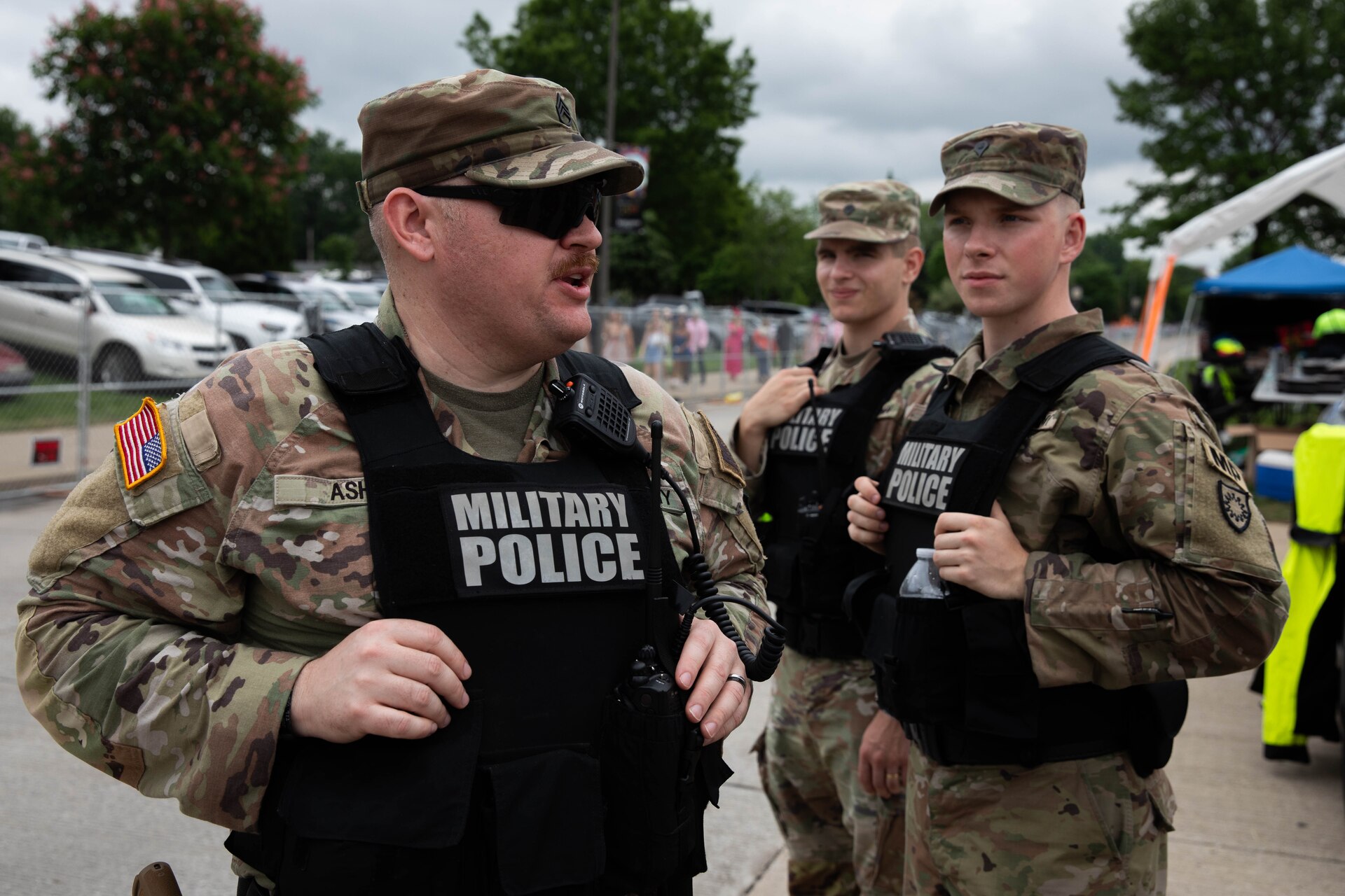 Soldiers of the 149th Maneuver Enhancement Brigade augment Louisville Metro Police Department officers in support of the 150th Kentucky Derby at Churchill Downs, Louisville, Kentucky, May 4, 2024. The Kentucky National guard has been assisting local police with traffic control and public safety during Derby season every year for the past 118 years. (U.S. Army National Guard photo by Sergeant Caleb Sooter)