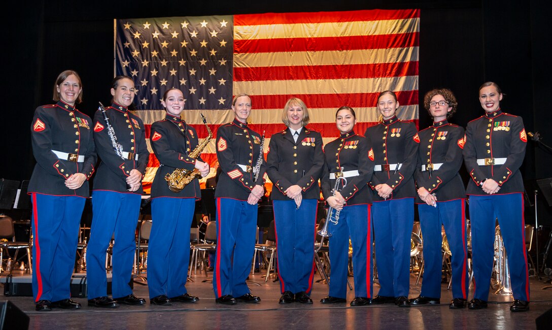 The Quantico Marine Corps Band performs the Vincent Vizzo Columbus Day Concerts at the Klein Memorial Auditorium in Bridgeport, Ct., Oct. 12, 2019. This is the 30th anniversary of a Marine Corps band performing in Bridgeport named after Vincent Vizzo who was a World War II veteran from the city. (U.S. Marine Corps photo by Lance Cpl. Yuritzy Gomez)