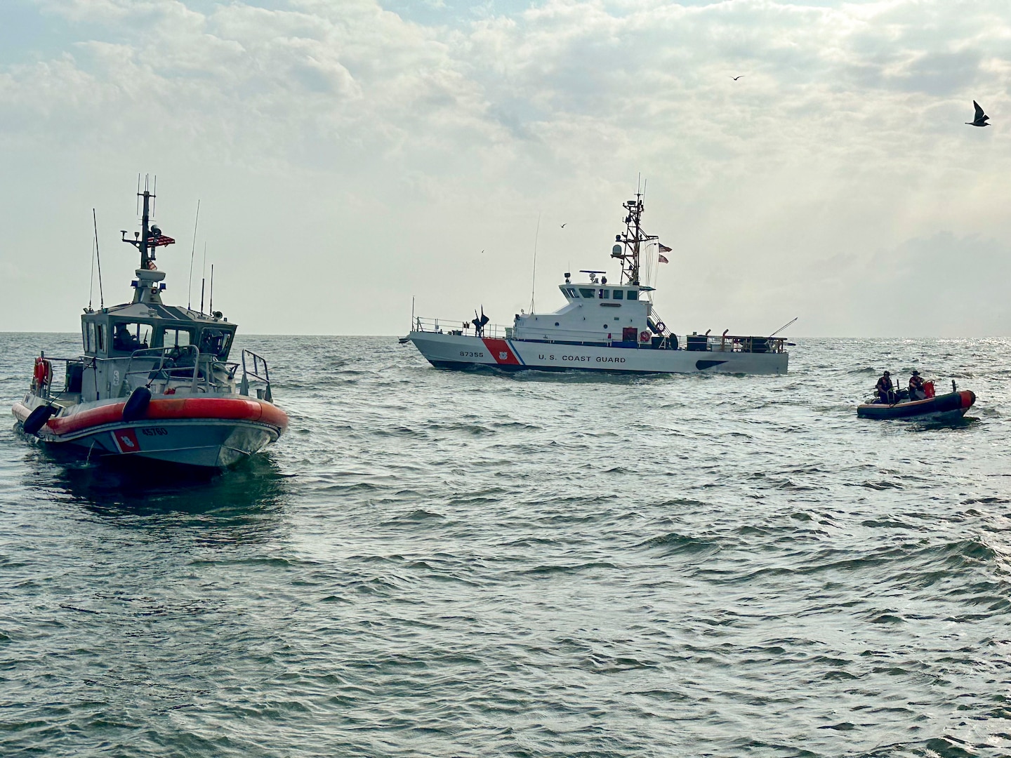 Coast Guard Cutter Hawk law enforcement crew members conduct fisheries boardings on vessels off the coast of Texas, in April 2024. Fishery boardings are conducted to ensure commercial fisheries are following federal laws and regulations on the water. (U.S. Coast Guard Photo Courtesy Coast Guard Cutter Hawk)