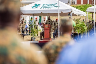Texas Army National Guard Brig. Gen. Monnie Ulis, U.S. Army South deputy commanding general, speaks to participants of TRADEWINDS 24 (TW24) during the opening ceremony at Paragon Base, Barbados, May 4, 2024