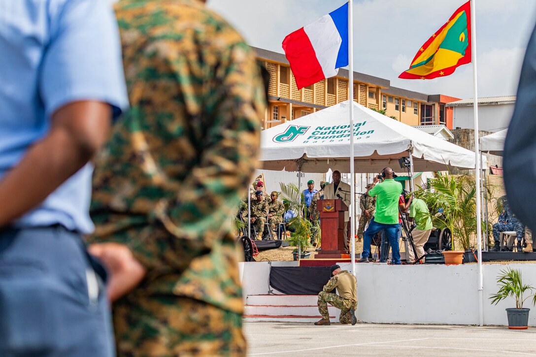 Kevin Bostick, U.S. Southern Command (SOUTHCOM) director of J7/9 exercises and coalition affairs, speaks to participants of TRADEWINDS 24 (TW24) during the opening ceremony at Paragon Base, Barbados, May 4, 2024.