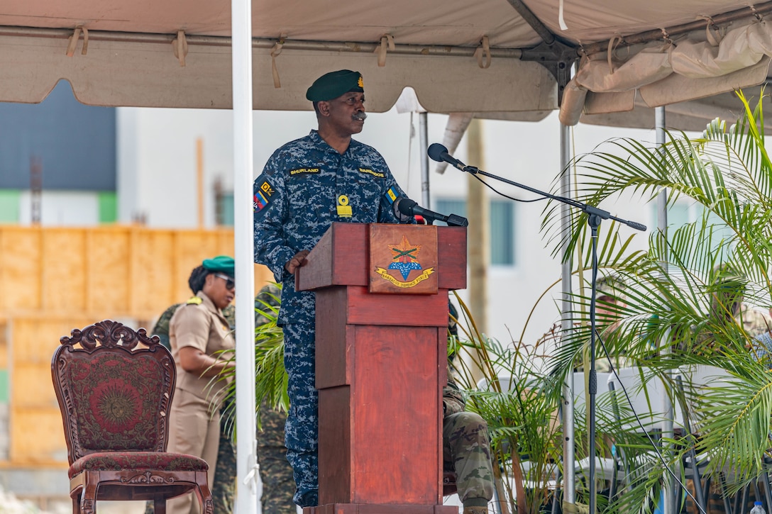 Barbados Defence Force Chief of Staff, Commodore Errington Shurland, speaks at the opening ceremony of TRADEWINDS 24 (TW24) at Paragon Base, Barbados, May 4, 2024.