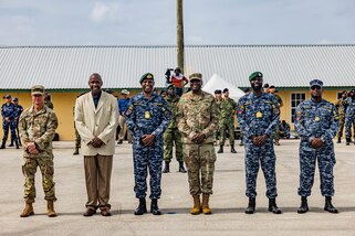 Distinguished visitors from the U.S. Army and Barbados Defence force pose for a photo at the opening ceremony of exercise TRADEWINDS 24 at Paragon Base, Barbados, May 4, 2024.