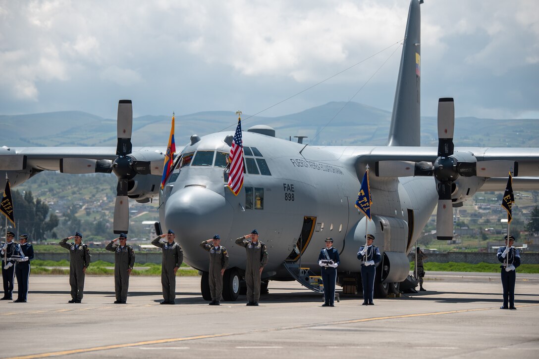 Members of the Ecuadorian Air Force salute during a ceremony welcoming the arrival of a C-130H Hercules to the Ecuadorian Air Force in Latacunga, Ecuador, March 25, 2024. Ecuador and the Kentucky National Guard have been partners under the State Partnership Program since 1996.