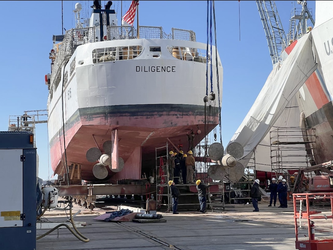 U.S. Coast Guard Cutter Diligence (WMEC 616) is hoisted on blocks while in dry dock, March 21, 2024, at the Coast Guard Yard in Baltimore, Maryland. Diligence conducted a two-month living marine resources patrol in the Gulf of Mexico and received a maintenance availability. (U.S. Coast Guard photo by Lt. Cmdr. Brian Waller)