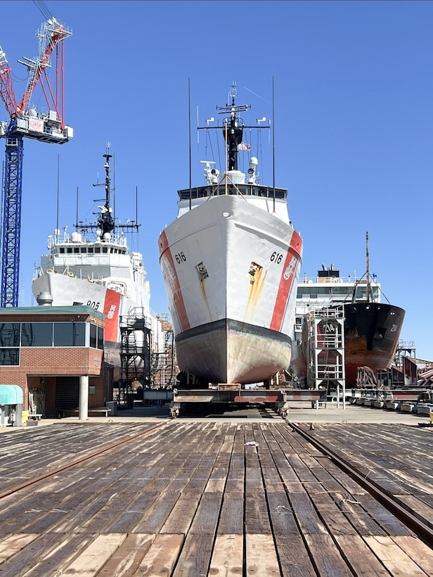 U.S. Coast Guard Cutter Diligence (WMEC 616) is hoisted on blocks while in dry dock, March 21, 2024, at the Coast Guard Yard in Baltimore, Maryland. Diligence conducted a two-month living marine resources patrol in the Gulf of Mexico and received a maintenance availability. (U.S. Coast Guard photo by Lt. Cmdr. Brian Waller)