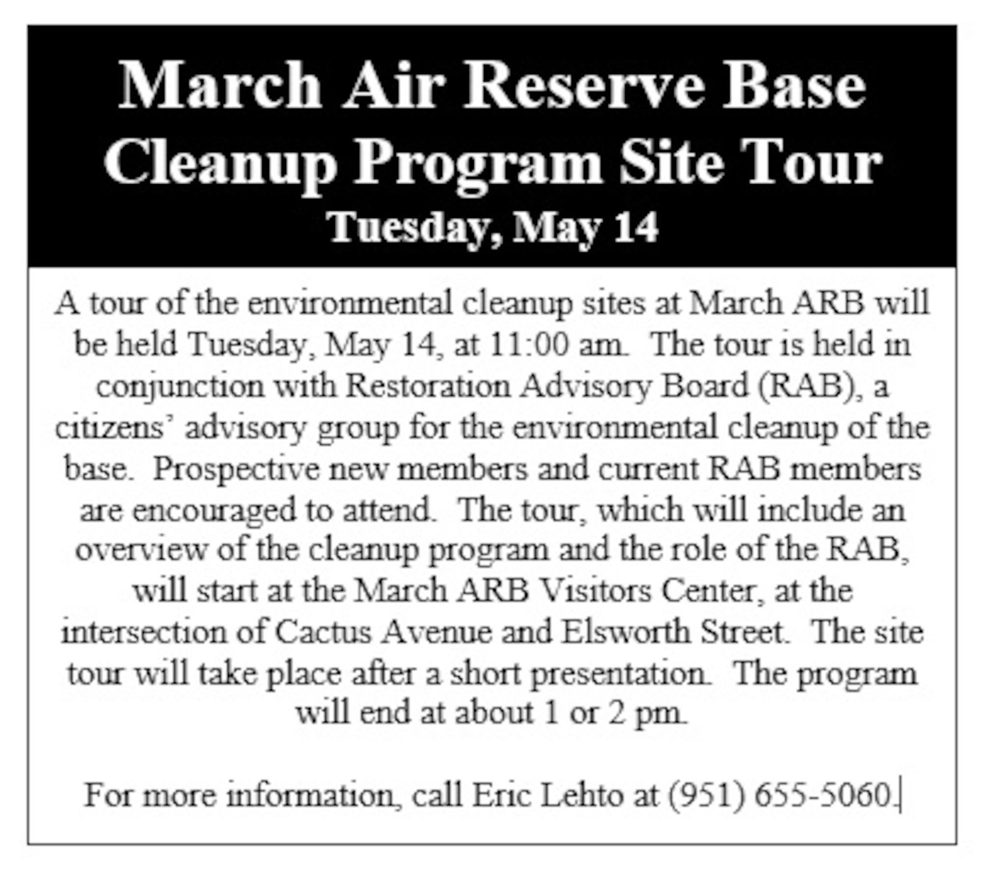 March Air Reserve Base  Cleanup Program Site Tour Tuesday, May 14