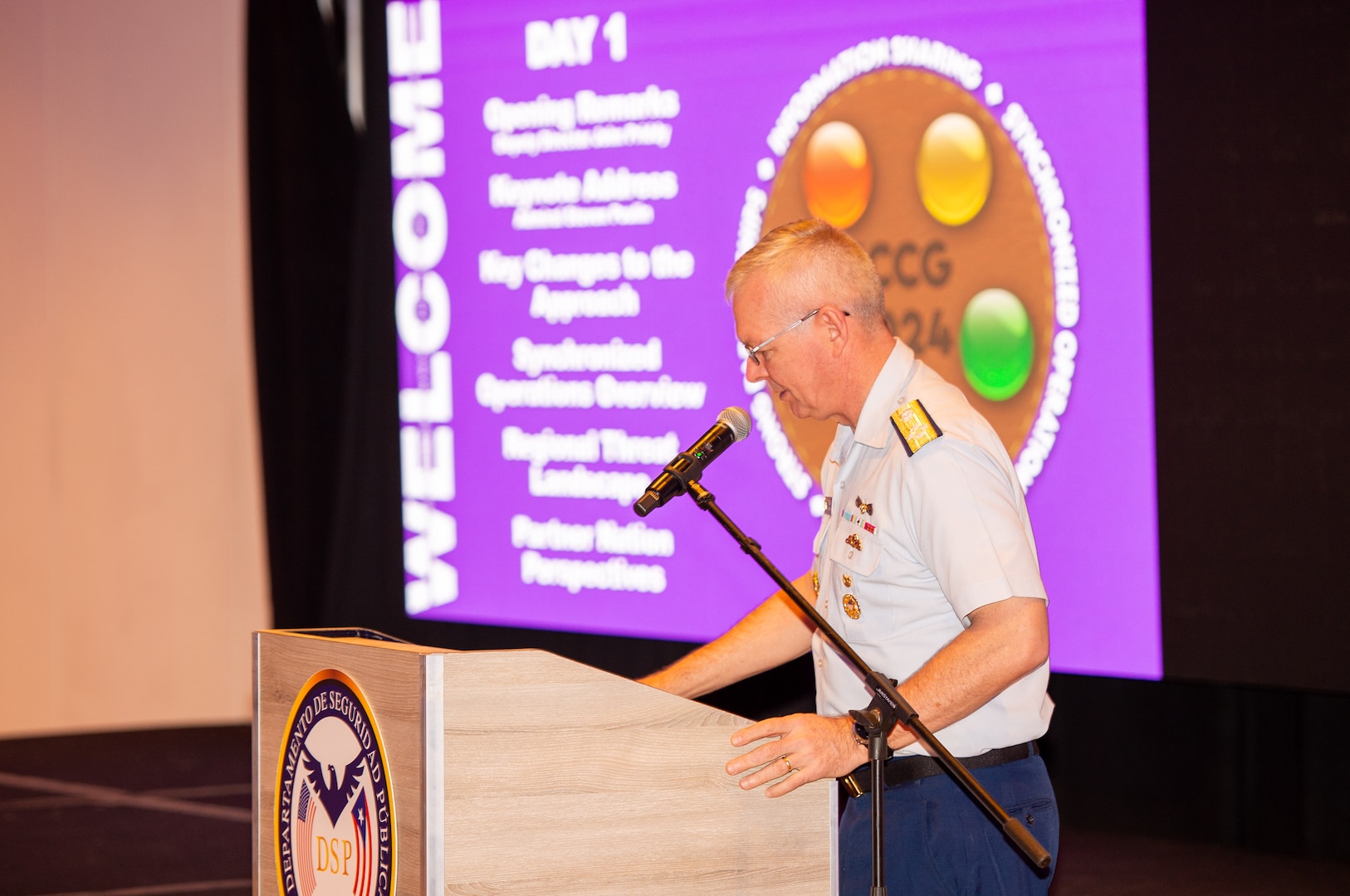 The Vice Commandant of the U.S. Coast Guard Adm. Steven Poulin speaks at an Eastern Caribbean Combined Coordination Group (ECCG) meeting April 23-25, in San Juan, Puerto Rico. ECCG met to discuss increasing coordination to unify action against illicit market-driven flows that include human trafficking, human smuggling, the export of arms and monetary instruments, environmental crimes, and the movement of illicit drugs within the Eastern Caribbean Joint Operating Area