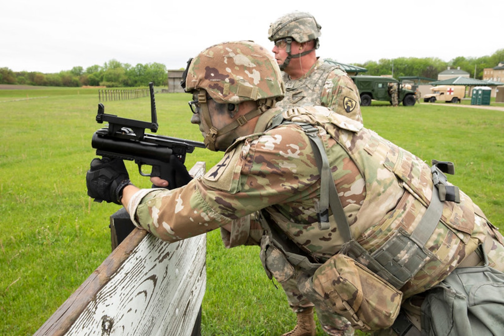 Spc. Tevin Kenton, from the Wisconsin Army National Guard’s Troop C, 1st Squadron, 105th Cavalry Regiment, fires an M-320 grenade launcher May 3 during the 2024 Region IV Best Warrior Competition at Camp Dodge, Iowa. Kenton took first place in the lower enlisted division and will represent Wisconsin at the national Best Warrior Competition this August in Vermont. 135th Mobile Public Affairs Detachment photo