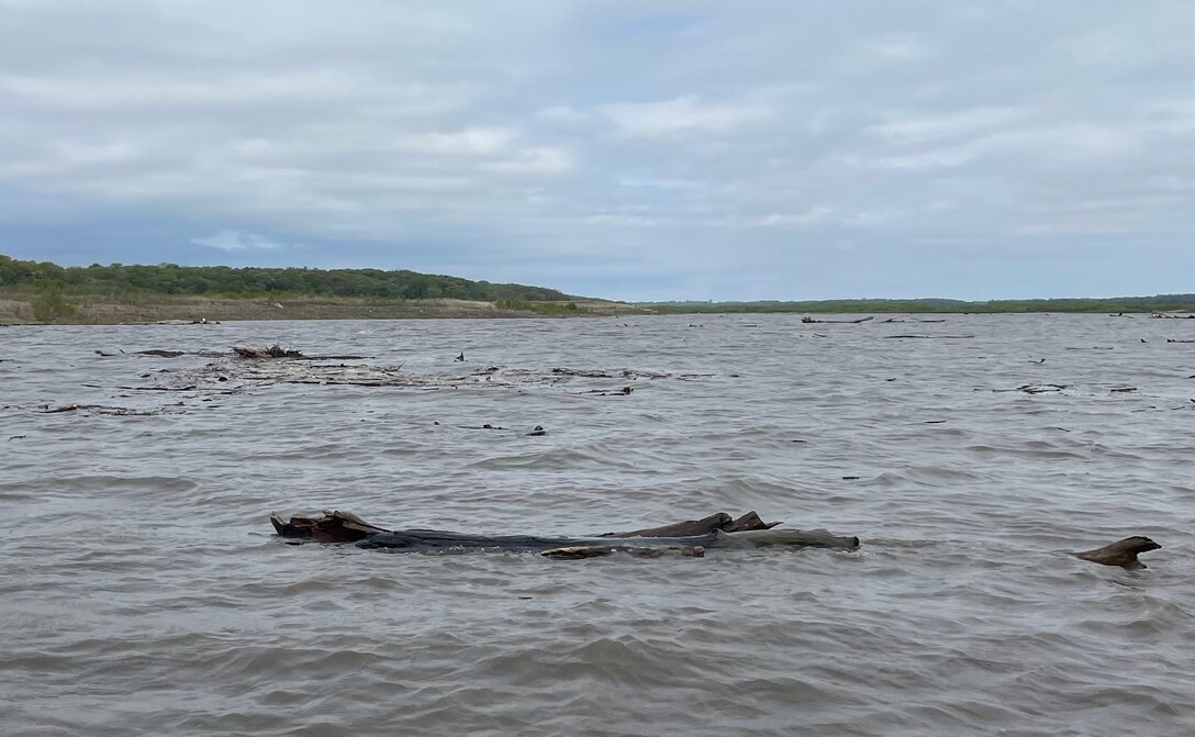 A photo of floating debris on Saylorville Lake.