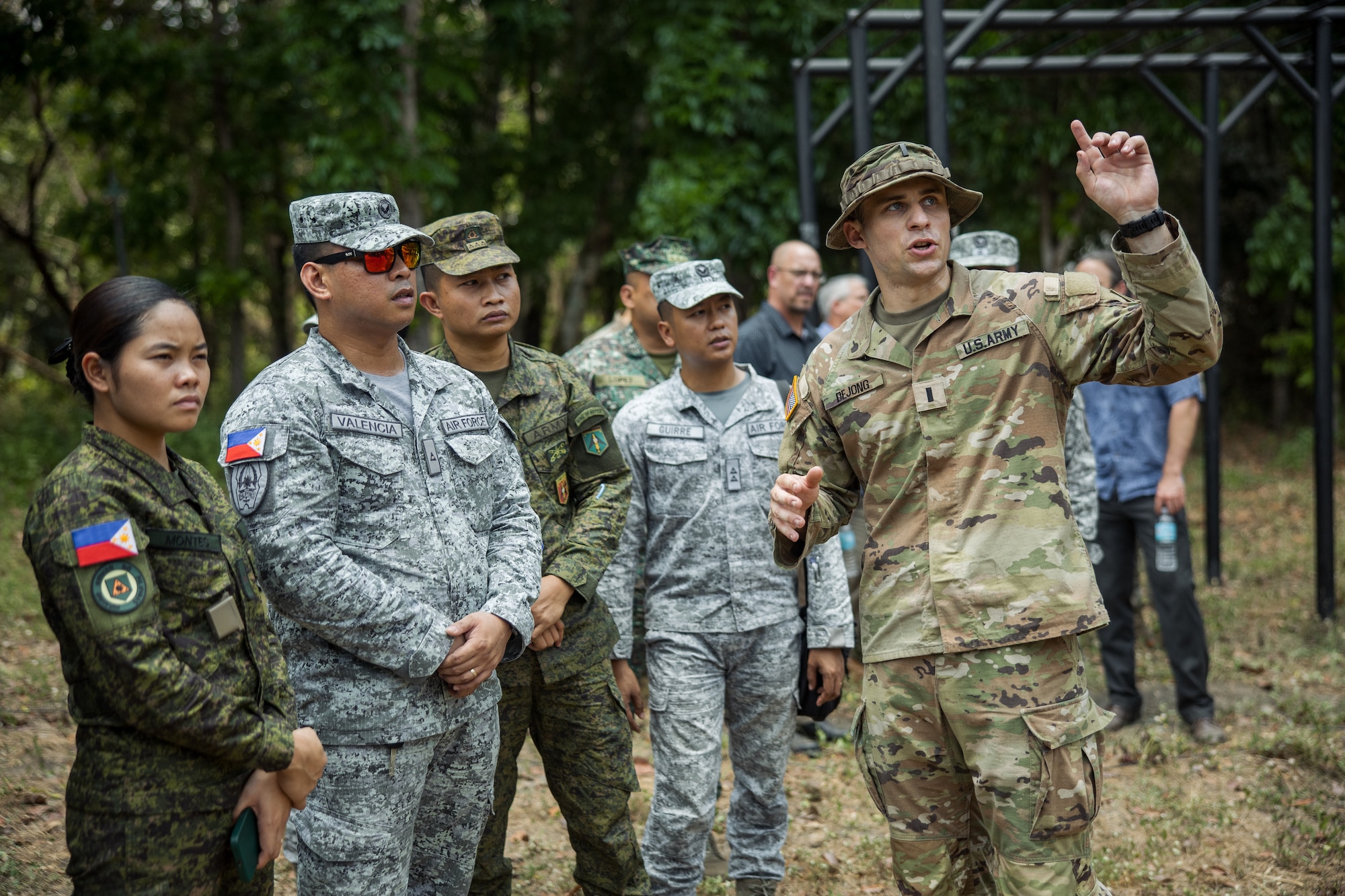 U.S. Army 1st Lt. Christian de Jong, Bravo Battery, 1-1 Air Defense Artillery, 38th Air Defense Brigade, teaches members of the Armed Forces of the Philippines about the MIM-104 Patriot System as part of the Joint Integrated Air And Missile Defense exchange during Exercise Balikatan 24 at Clark Air Base, Philippines, April 25, 2024. BK 24 is an annual exercise between the Armed Forces of the Philippines and the U.S. military designed to strengthen bilateral interoperability, capabilities, trust, and cooperation built over decades of shared experiences. (U.S. Army photo by Maj. Trevor Wild)