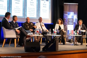 Lt. Gen. Thomas James, USSPACECOM deputy commander, speaks at a panel discussion during the inaugural NATO Space Symposium in Toulouse, France, April 29, 2024. James was invited to represent the command and during the panel, spoke to “The Importance of Space for the Future of NATO’s Deterrence and Defense”, allowing him to share examples of the command’s successes that have increased Space Domain Awareness and improve its protect and defend mission through the integration of commercial partners. The symposium brought together approximately 300 attendees from across 27 of the 32 Allied nations, representing defense, industry and academic communities, who focused on the symposium’s overall theme, “Deterrence, Defence and Resilience in and through the Space Domain.” The historic symposium was hosted by the NATO Headquarters International Military Staff and Allied Command Transformation. (Courtesy Photo from NATO)