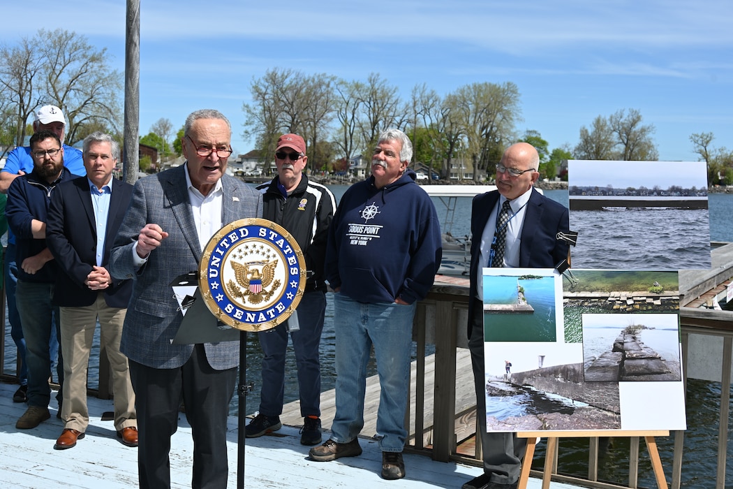 U.S. Senator Charles Schumer speaks about current conditions and about upcoming work on the Great Sodus Bay East Breakwater during a press conference in Sodus Point, N.Y.