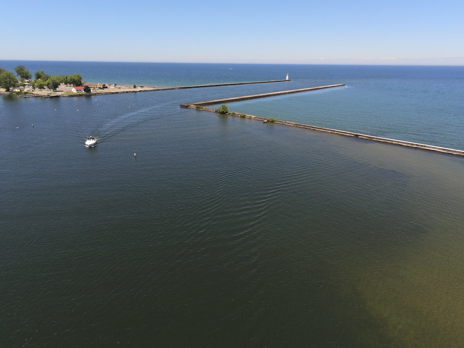 Piers and breakwaters form the entrance to Great Sodus Bay in Sodus Point, N.Y., June 15, 2022.