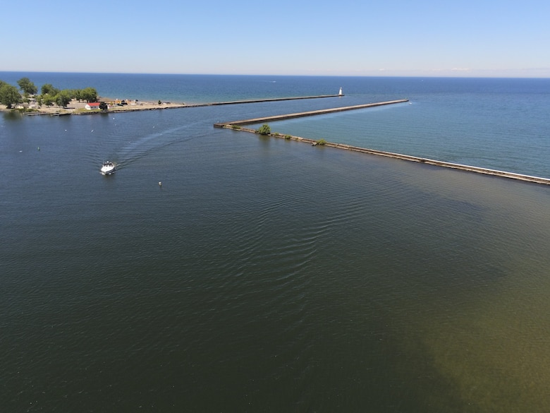 Piers and breakwaters form the entrance to Great Sodus Bay in Sodus Point, N.Y., June 15, 2022.