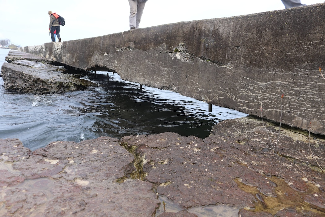 Holes and deterioration in the east breakwater in Great Sodus Bay where decades of wave action, ice, and storms from Lake Ontario have deteriorated the structure in Sodus Point, N.Y.
