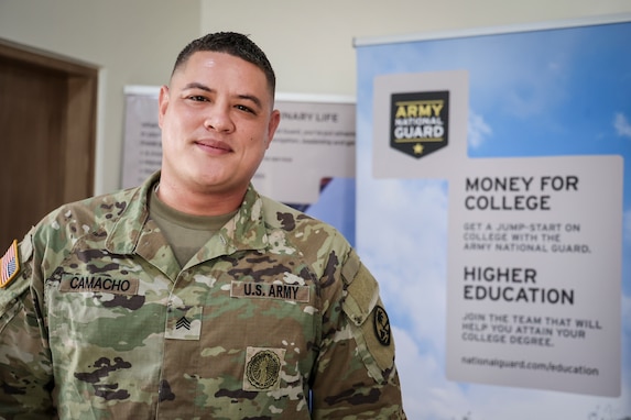 U.S. Army Sgt. Juan Camacho of the Guam National Guard mans his makeshift recruiting office on Captiol Hill, Saipan, April 20, 2024. Camacho has helped increase the number of NMI Guardsmen from three to over 70 in two years.  (U.S. National Guard photo by Mark Scott)