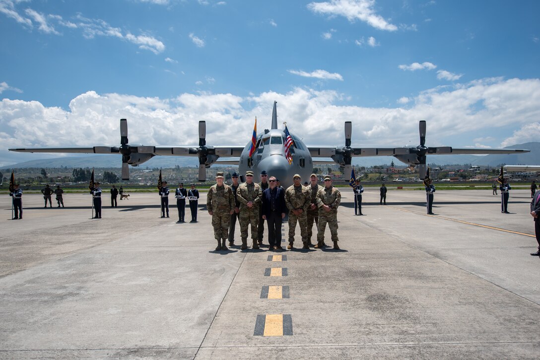 U.S. Ambassador to Ecuador Michael Fitzpatrick, center, and top officials from the Kentucky Air National Guard attend a ceremony welcoming the arrival of a C-130H Hercules to the Ecuadorian Air Force in Latacunga, Ecuador, March 25, 2024. The ceremony, which included top Ecuadorian military and civilian leaders, marked a new milestone in Ecuador’s participation in the National Guard Bureau State Partnership Program, which has paired Ecuador and the Kentucky National Guard for mutual military cooperation. (U.S. Air National Guard photo by Phil Speck)