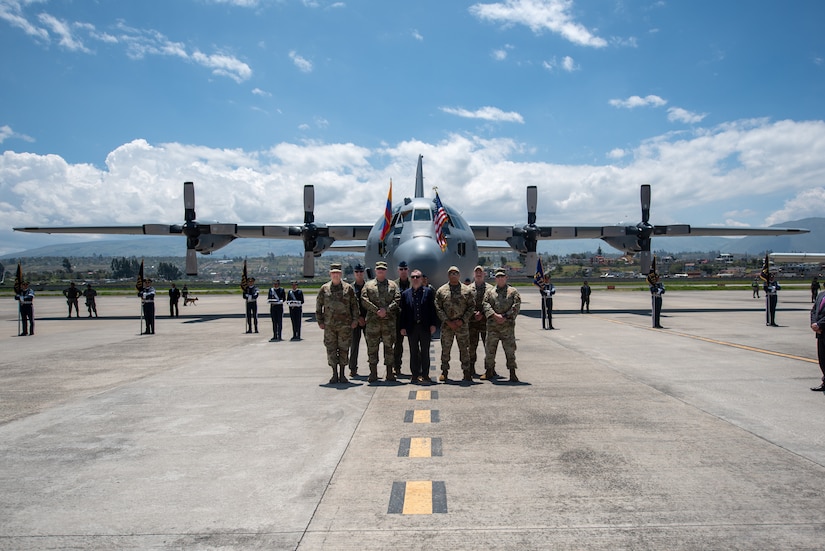 U.S. Ambassador to Ecuador Michael Fitzpatrick, center, and top officials from the Kentucky Air National Guard attend a ceremony welcoming the arrival of a C-130H Hercules to the Ecuadorian Air Force in Latacunga, Ecuador, March 25, 2024. The ceremony, which included top Ecuadorian military and civilian leaders, marked a new milestone in Ecuador’s participation in the National Guard Bureau State Partnership Program, which has paired Ecuador and the Kentucky National Guard for mutual military cooperation. (U.S. Air National Guard photo by Phil Speck)