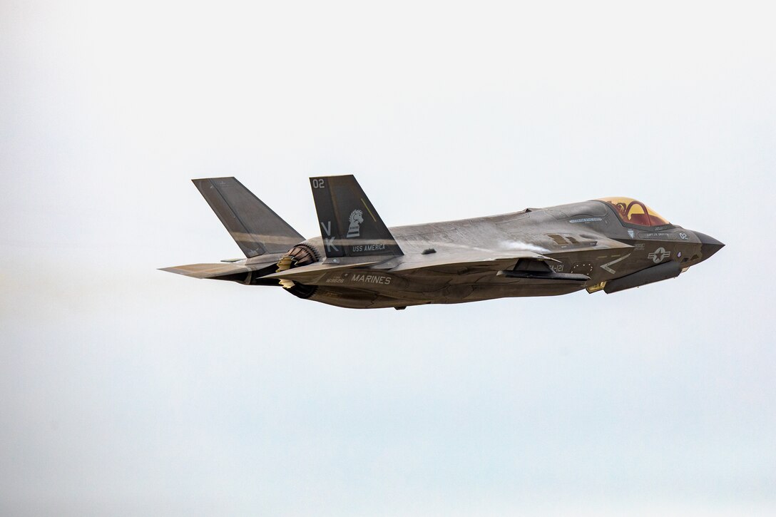 A U.S. Marine Corps F-35B Lightning II aircraft with Marine Fighter Attack Squadron 121, Marine Aircraft Group 12, 1st Marine Aircraft Wing, takes off from Kunsan Air Base, South Korea, April 22, 2024. Korea Flying Training 24 is a large-scale employment training exercise enhancing U.S. and Republic of Korea (ROK) interoperability and ultimately strengthening U.S. and ROK commitments to maintain peace in the region. (U.S. Marine Corps photo by Cpl. Samantha Rodriguez)