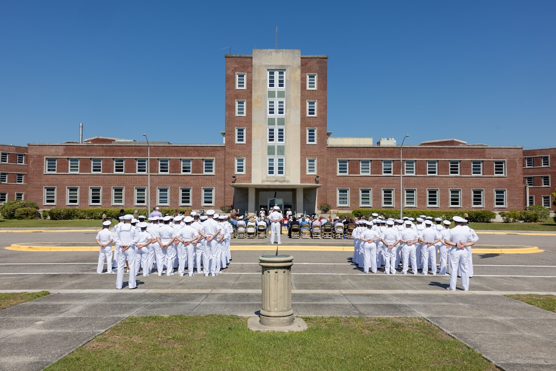 U.S. Navy sailors with Navy Medical Readiness Training Command - Naval Hospital Beaufort hosted a celebration ceremony at the hospital, April 25, 2024. The celebration marked the hospital's 75th Anniversary since its opening and first-in-patient care services. (U.S. Marine Corps photo by Cpl. Dakota Dodd)