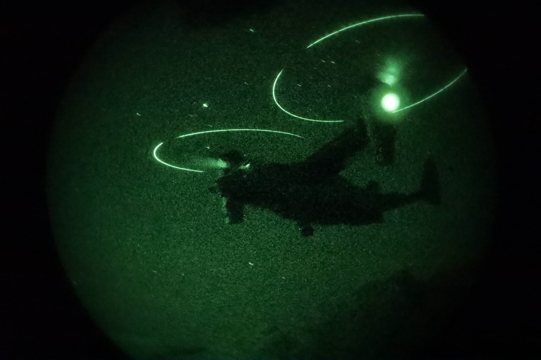 Marines with the 24th Marine Expeditionary Unit conduct night operations over Marine Corps Recruit Depot Parris Island, S.C., April 29, 2024. The operations were conducted as part of the Composite Unit Training Exercise (COMPUTEX), The MEU's final at-sea certification exercise under the evaluation of Center Strike Group 4 and the Expeditionary Operations Training Group. (U.S. Marine Corps Photo by Lance Cpl. Roger-Junior Annoh)