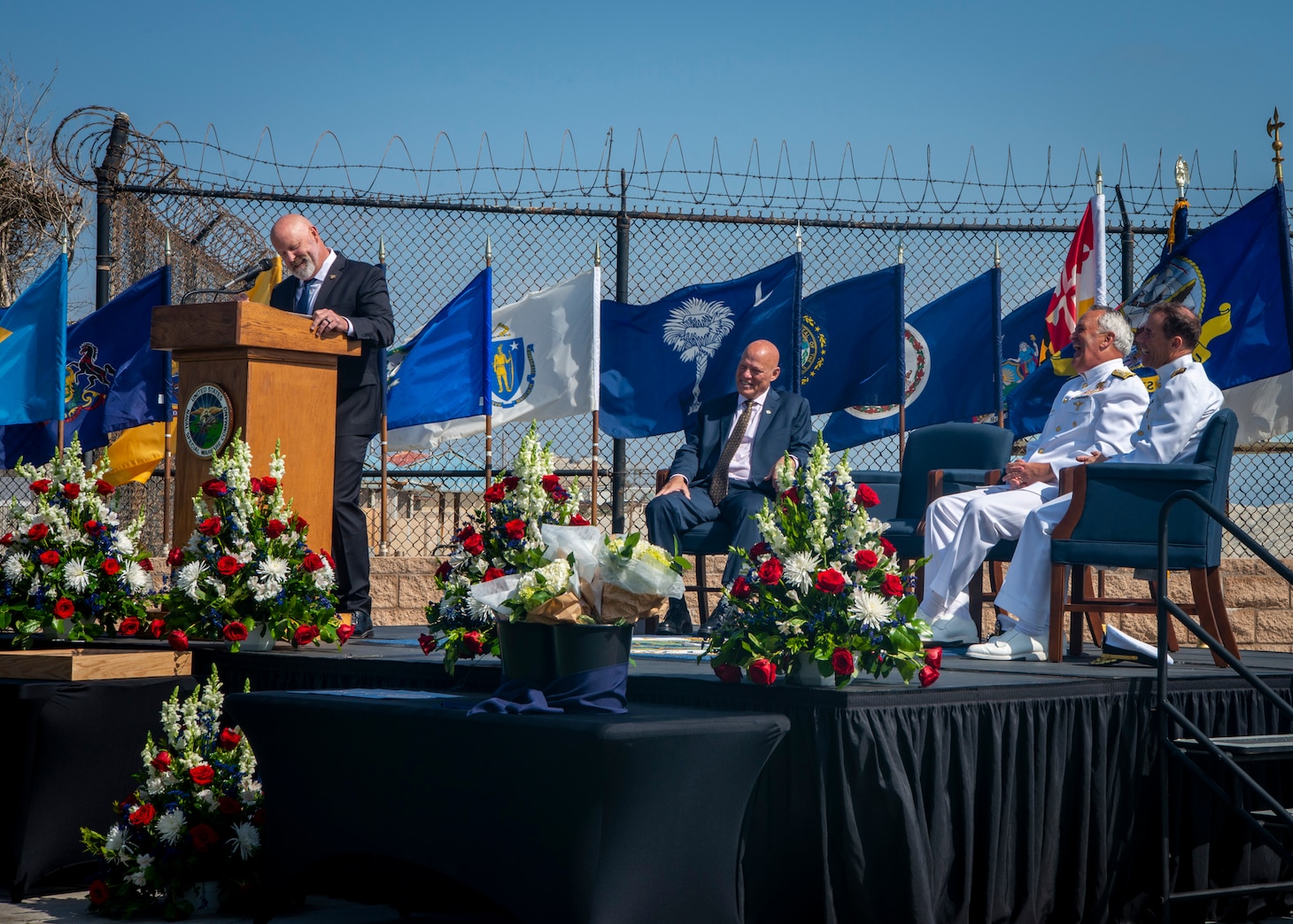 Retired Force Master Chief (SEAL) Bill King gives remarks during a retirement ceremony in honor of Vice Adm. Collin Green, Deputy Commander of U.S. Special Operations Command.