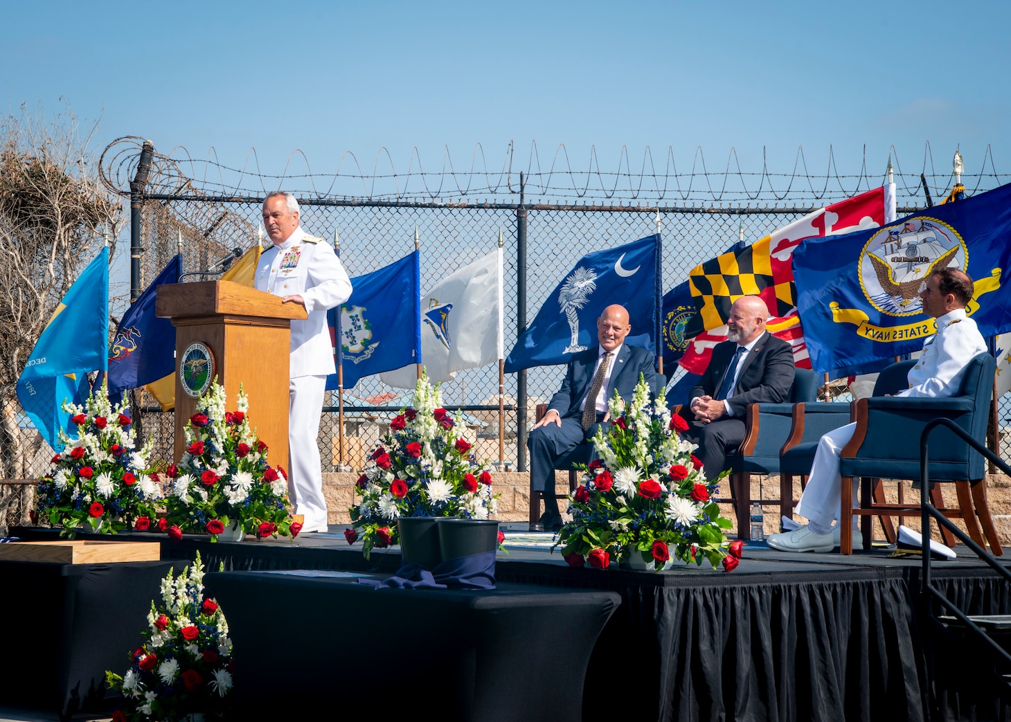 Vice Adm. Collin Green, Deputy Commander of U.S. Special Operations Command, gives remarks during his retirement ceremony at Naval Special Warfare Command.